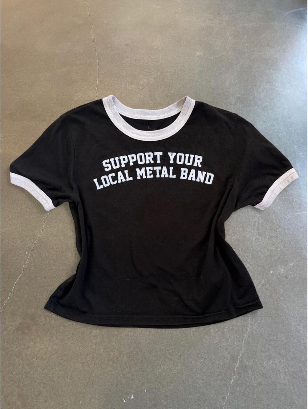 Goodie Two Sleeves Support Your Local Metal Band Ringer Tee | Women’s L